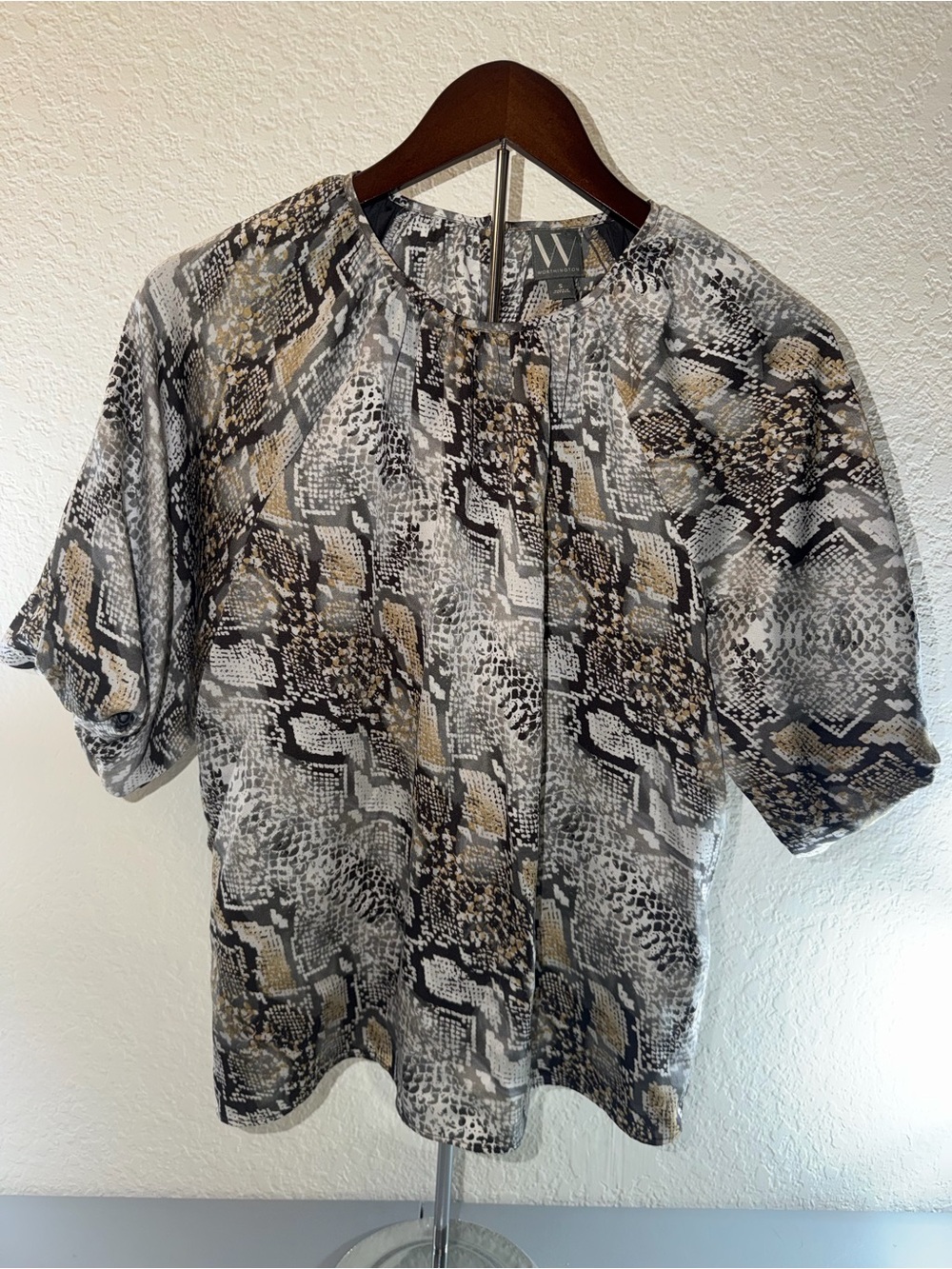 Worthington Short Sleeve Snake-Print Blouse in Black and Tan